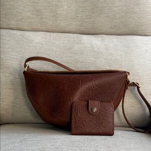 Embossed Brown Leather Crossbody Bag with Matching Wallet